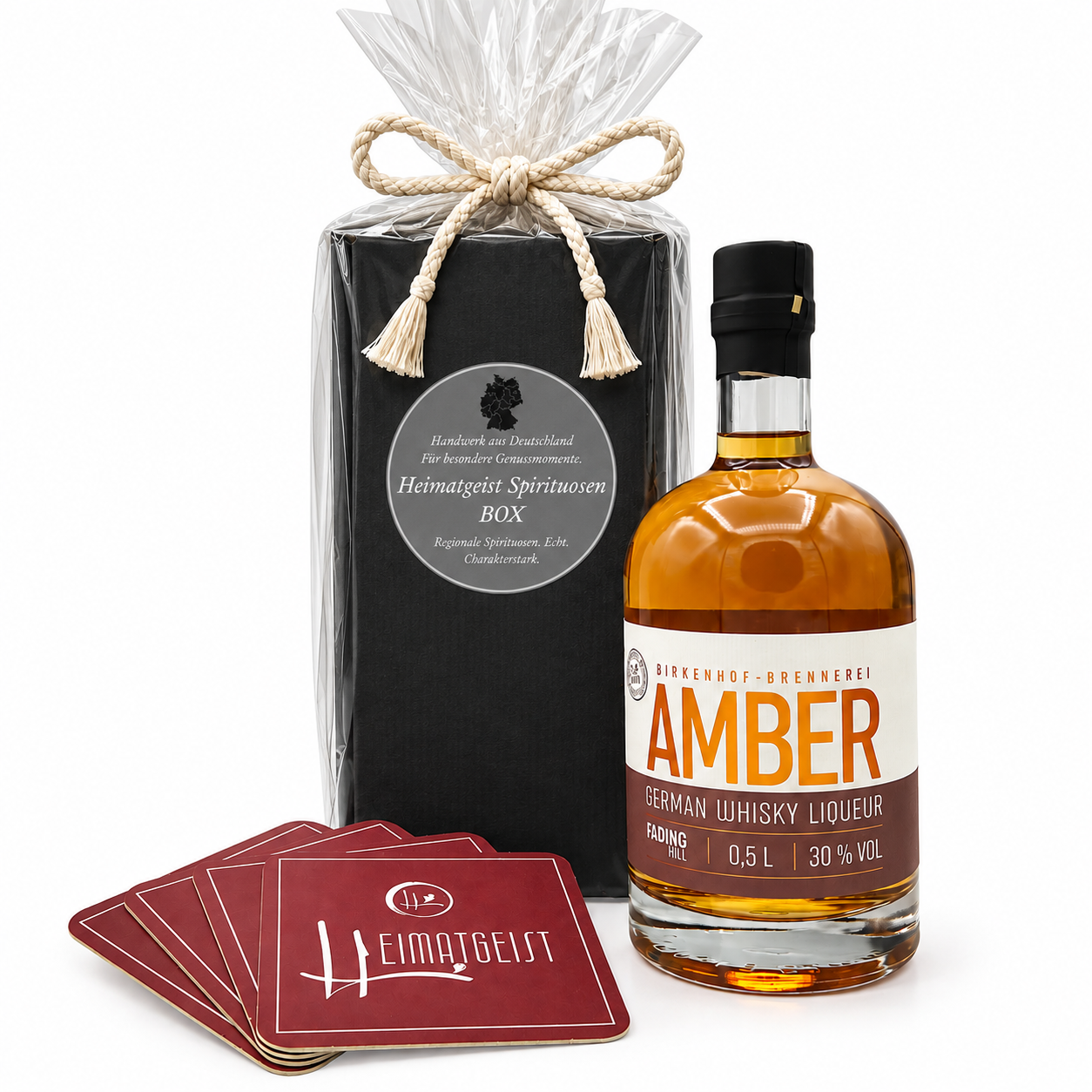 Birkenhof Amber Whisky-Likör Geschenkset 0,5 Liter mit Untersetzern
