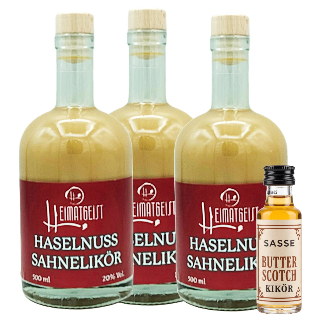Heimatgeist Schwarzwald Haselnuss-Sahnelikör 3er-Set mit Sasse Butterscotch-Miniatur
