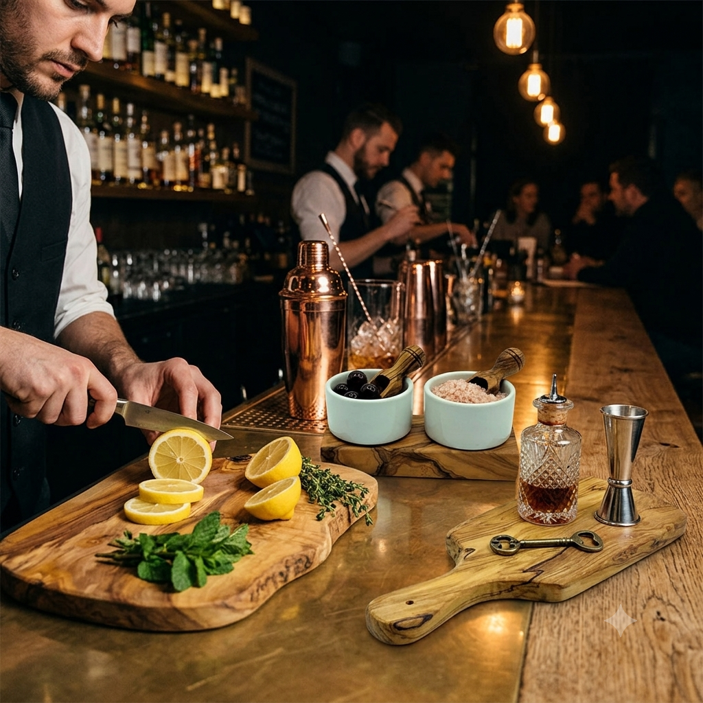Barkeeper schneidet frische Zitronen auf einem Holzschneidebrett mit Kräutern und Barutensilien in einer stilvollen Bar.