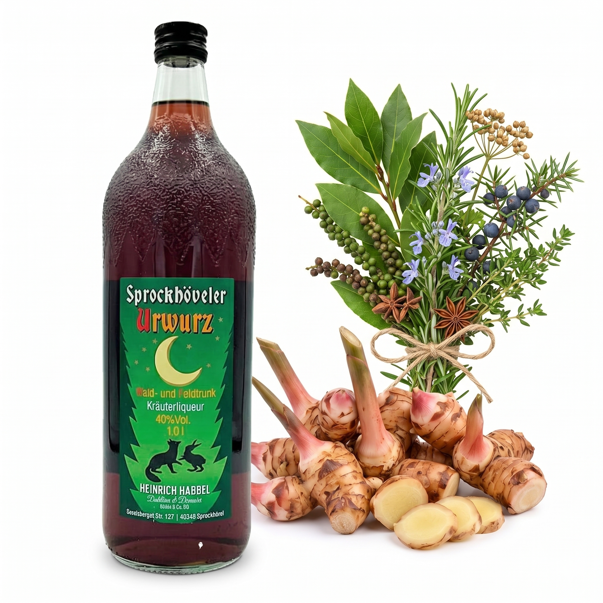 Sprockhöveler Urwurz Kräuterlikör in einer 1-Liter-Flasche, umgeben von frischen Kräutern und Wurzeln.