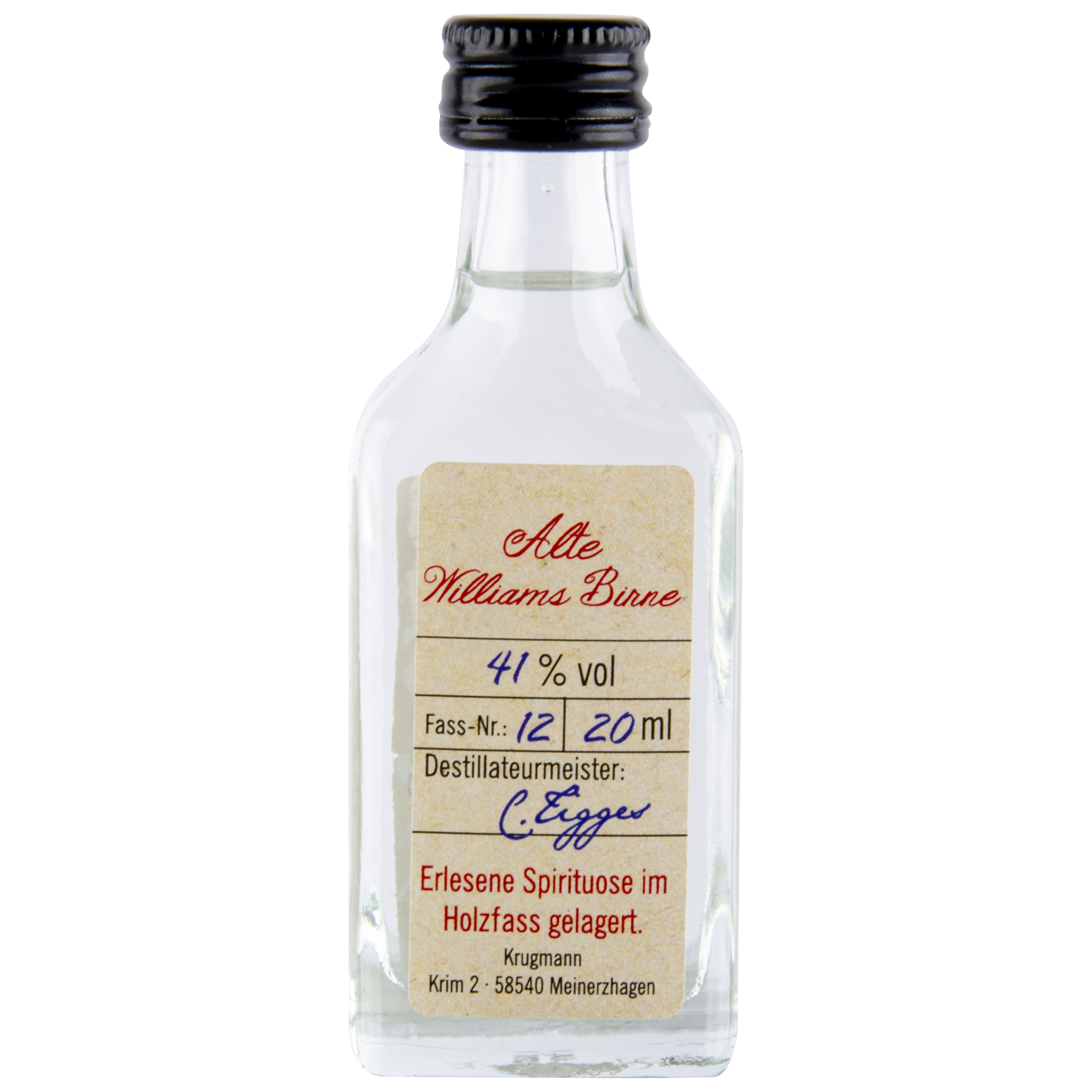 Kleine 20-ml-Flasche Alte Williams Birne Birnenbrand mit schwarzem Schraubverschluss, 41 % Vol, gereift in Holzfässern von Krugmann.