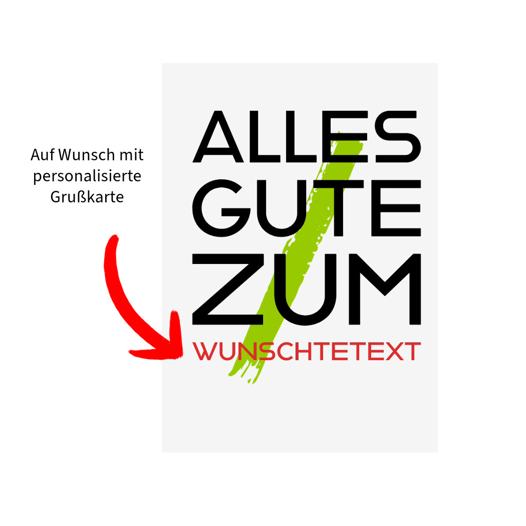 Grußkarte mit schwarzem Text „Alles Gute zum“, grünem Pinselstrich, rotem Pfeil und anpassbarem Textplatzhalterbereich.