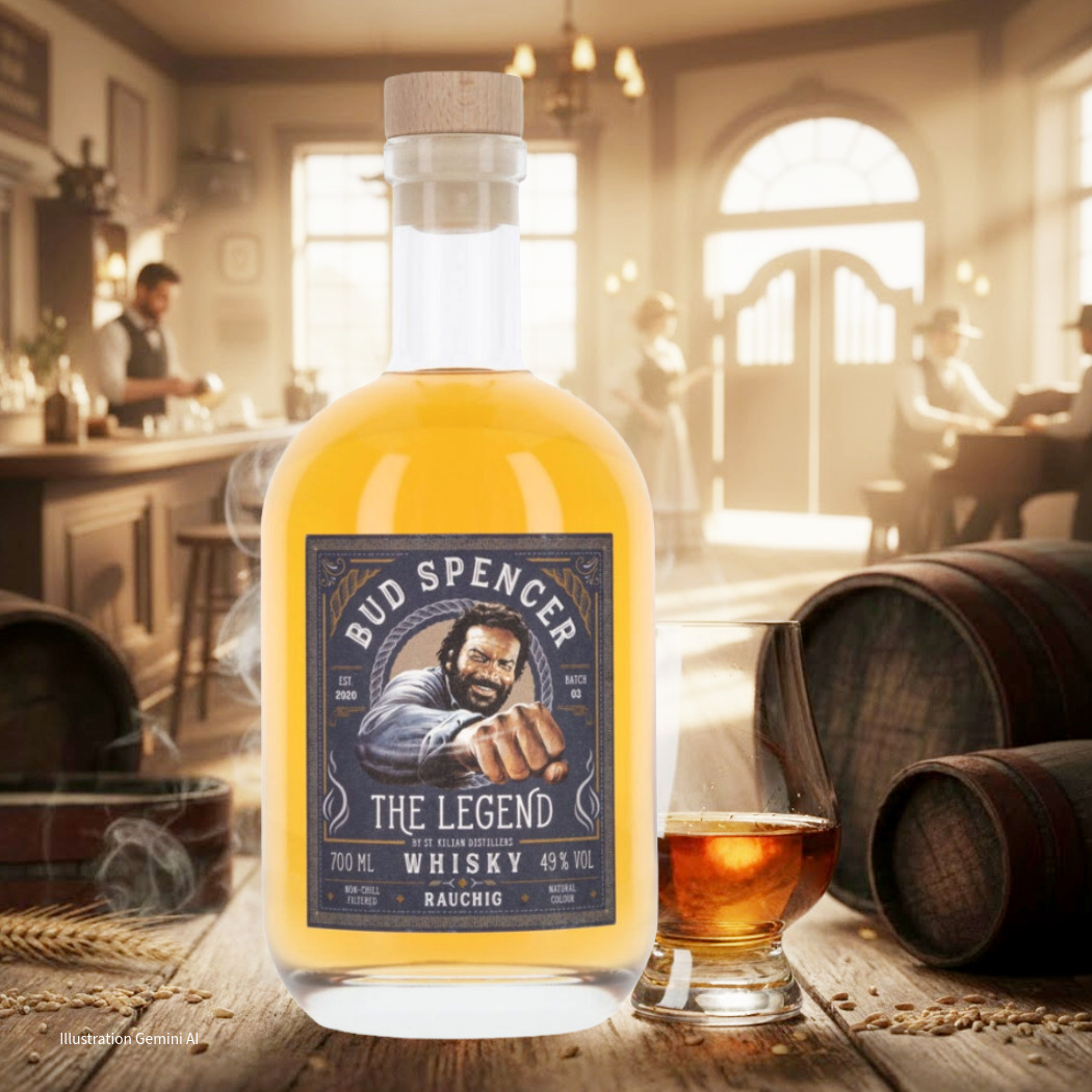 Bud Spencer Whisky, 700 ml, 49 % vol, rauchig, in stilvollem Flaschen-Design mit Holzverschluss.