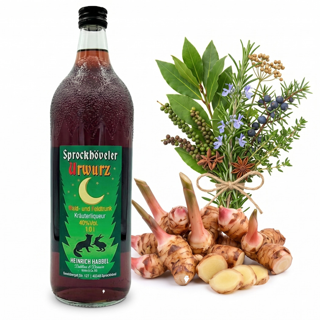 Sprockhöveler Urwurz Kräuterlikör in Glasflasche, umgeben von frischen Kräutern und Wurzeln.