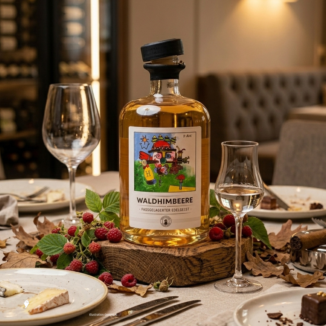 Waldhimbeere Edelgeist in einer Flasche, serviert mit Himbeeren und Gläsern auf einem gedeckten Tisch.