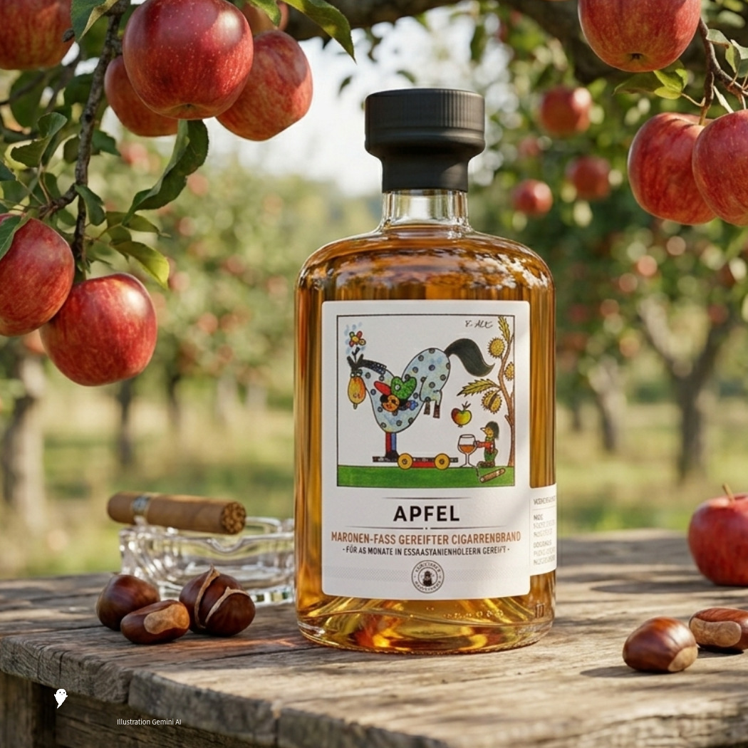 Apfelbrand in einer dekorativen Flasche, umgeben von Äpfeln und Kastanien, im Obstgarten.