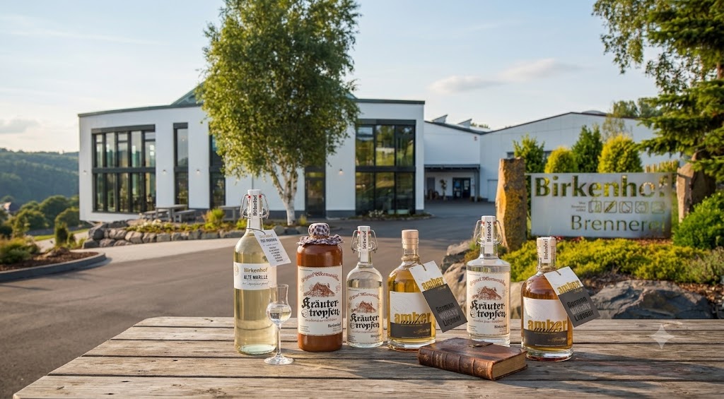 Brennerei Birkenhof mit verschiedenen Likörflaschen auf einem Tisch im Freien, umgeben von Natur.